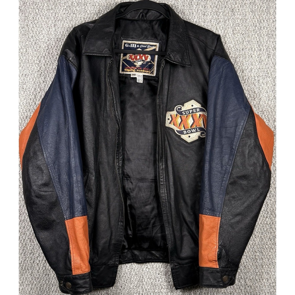 Vintage Carl Banks Super Bowl XXXV Leather Jacket L Tampa Florida 2001 NFL